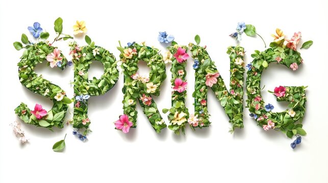 words spring from flowers and herbs on white background.