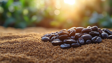 Rich coffee beans resting on bed of ground coffee, illuminated by warm sunlight, create serene and inviting atmosphere. Perfect for coffee lovers and enthusiasts