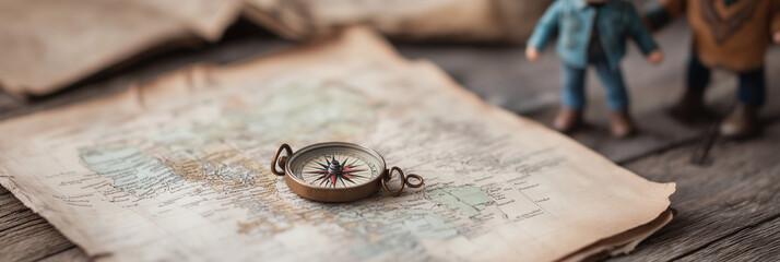 An antique compass rests upon an aged map, flanked by adventurous figurines, evoking a sense of exploration and historical adventures embarked upon in bygone days.