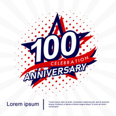 100th years anniversary celebration emblem. anniversary star logo isolated with red ribbon and star. vector illustration template design for web, flyers, poster, invitation card, greeting card