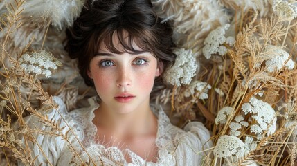 Fototapeta premium Close-Up Portrait of a Young Woman Surrounded by White Flowers and Wheat Stalks, Highlighting Her Freckled Skin, Vibrant Blue Eyes, and Delicate Lace Outfit