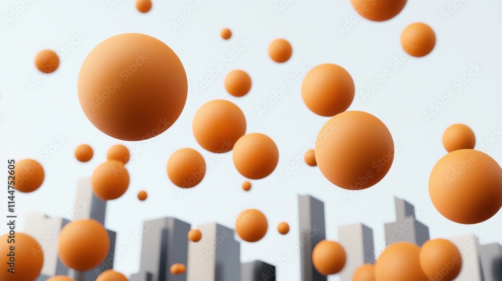 Poster abstract scene featuring floating orange spheres above a modern city skyline, creating a dynamic vis