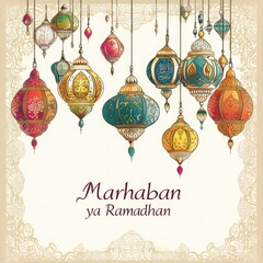 Marhaban ya Ramadhan is decorated with colorful lantern ornaments, batik carved frames