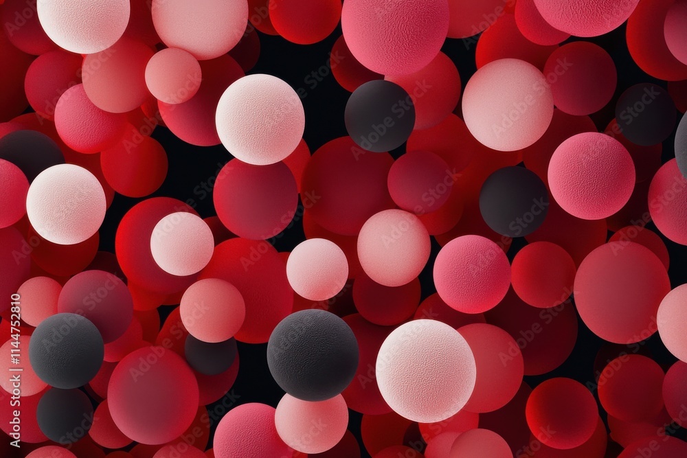 Poster a vibrant abstract composition of spherical shapes in red, pink, and black, creating a dynamic and v