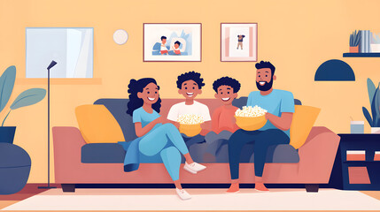 Parents and children sitting on a cozy living room couch, sharing a bowl of popcorn while watching a movie and smiling 