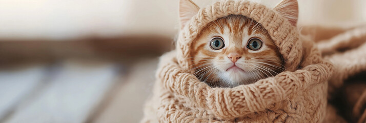 A small orange kitten with bright eyes peeks out from a soft, knitted sweater, looking cozy and snug with a curious and innocent expression in gentle lighting.