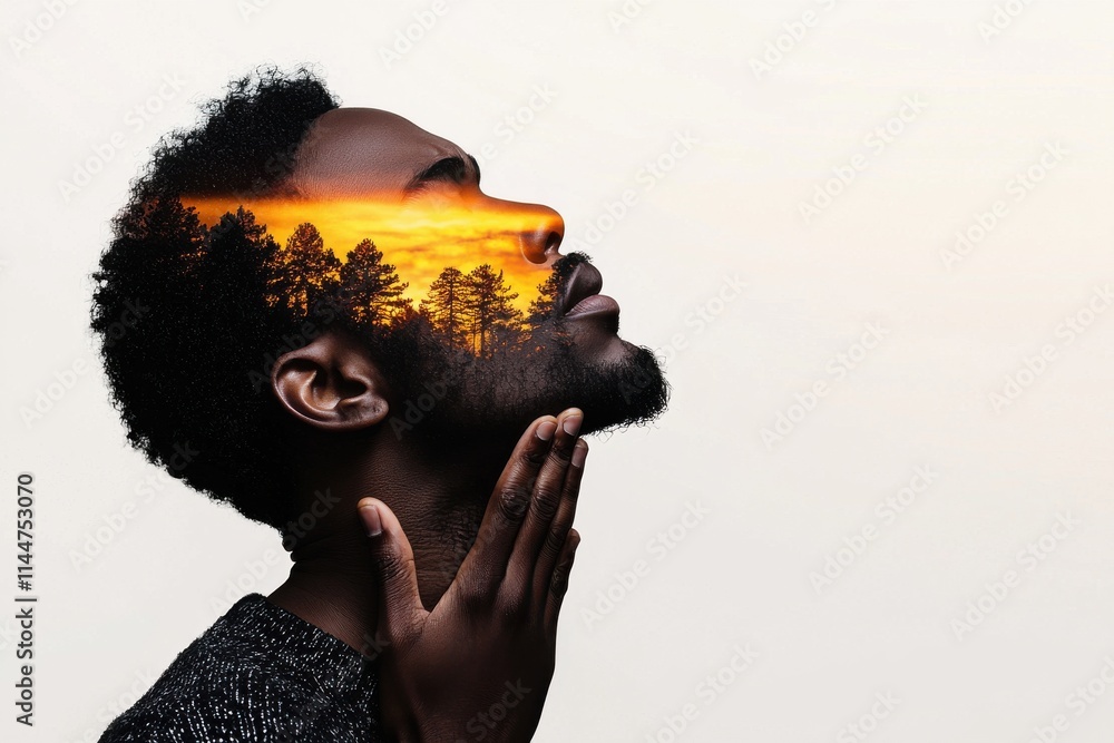 Poster a creative double exposure image of a man with a sunset and trees reflected in his profile, symboliz