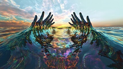 Iridescent hands emerge from an ocean at sunset, reaching for the sky.