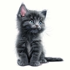 Fluffy grey kitten with big blue eyes sitting and looking up