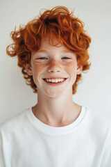 Cheerful red-haired boy Wide smile White t-shirt, clean white background