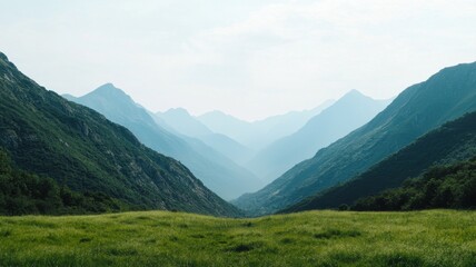 Obraz premium A serene landscape showcases a lush green valley framed by misty mountains under a soft, hazy sky.
