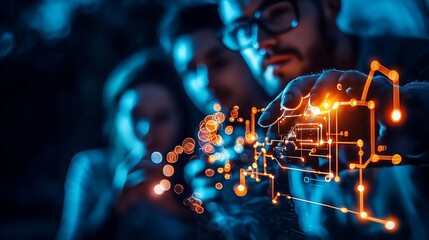 Team collaborating on a digital circuit board design.