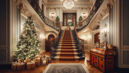 Obraz premium Grand entrance to a luxurious classic house with antique staircase, with Christmas tree decoration, gift boxes