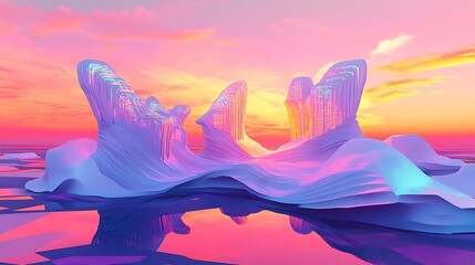 Surreal sunset landscape with vibrant, abstract ice formations reflecting in calm water.