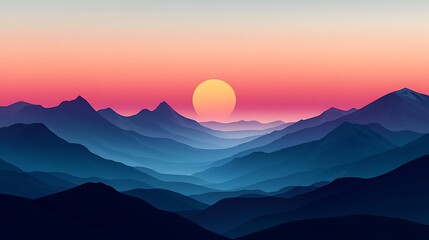 Fototapeta premium A tranquil alpine scene with the sun setting over a snow-capped mountain range, illuminating the sky with a soft gradient of colors, while the valleys below remain peaceful and calm. 