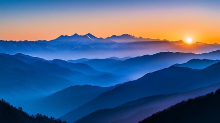 Fototapeta premium A tranquil alpine scene with the sun setting over a snow-capped mountain range, illuminating the sky with a soft gradient of colors, while the valleys below remain peaceful and calm. 