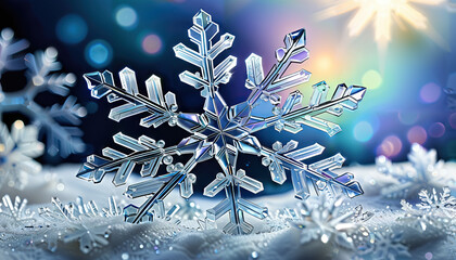 Close-up of a Large Ice Crystal Snowflake on a Snow Surface with Bokeh Lights
