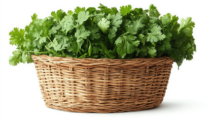 Naklejka premium Fresh coriander leaves in woven basket, showcasing vibrant green color and lush texture, perfect for culinary use or garnishing dishes