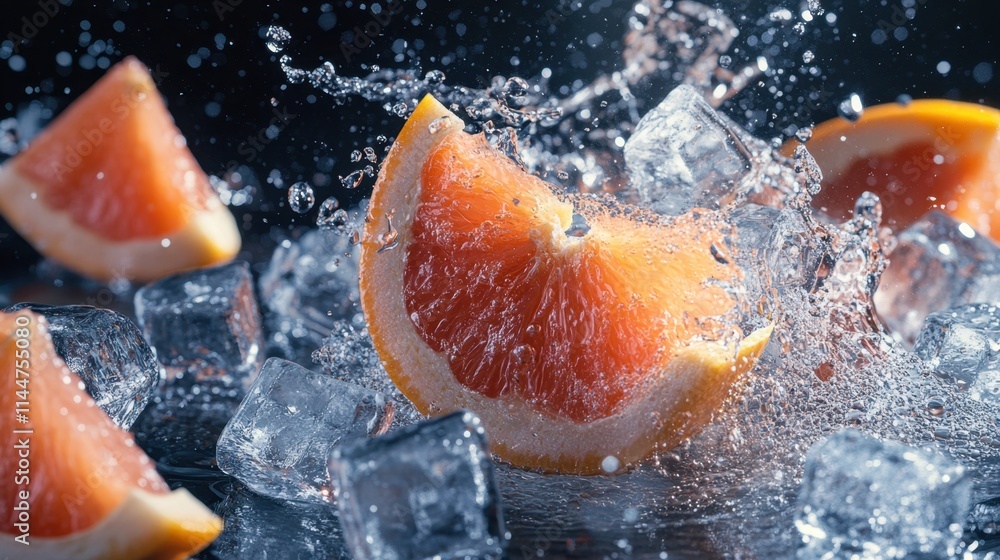 Poster sliced grapefruit with a splash of juice, surrounded by ice cubes for a refreshing summer vibe