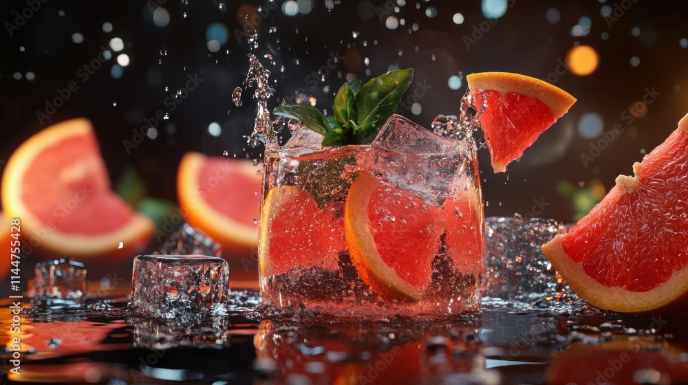 Poster sliced grapefruit with a splash of juice, surrounded by ice cubes for a refreshing summer vibe
