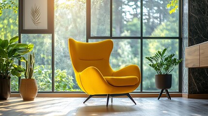 Yellow armchair in sunlit room with plants.