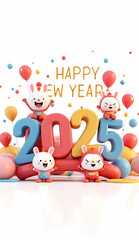3D Cartoon style, " HAPPY NEW YEAR 2025" on white background