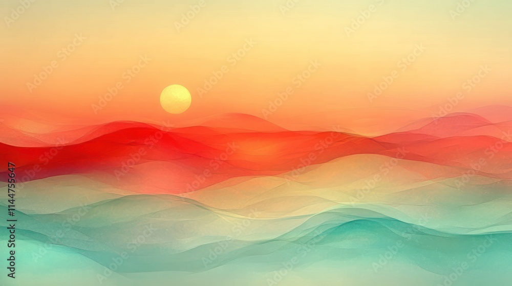 Poster abstract landscape with soft waves and a setting sun.