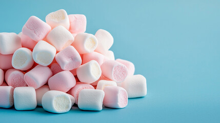 A vibrant stack of pink and white marshmallows on a soft blue background.