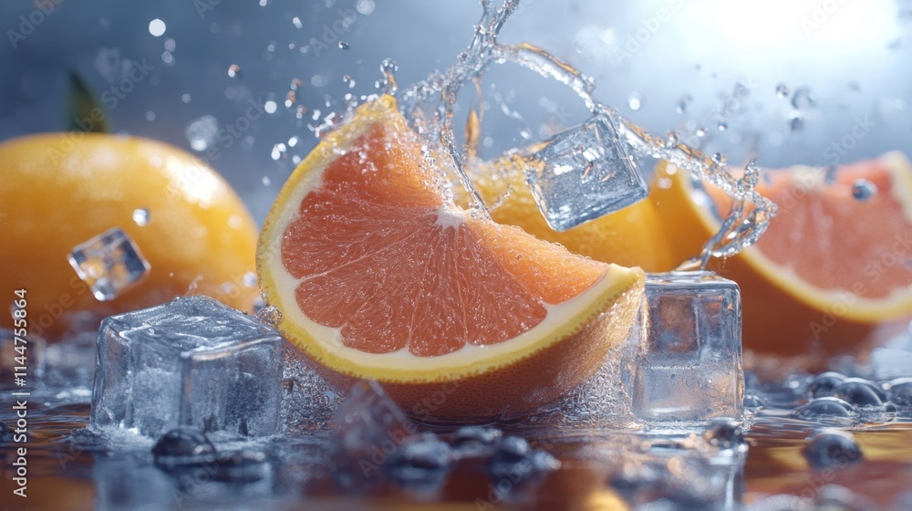 Poster sliced grapefruit with a splash of juice, surrounded by ice cubes for a refreshing summer vibe