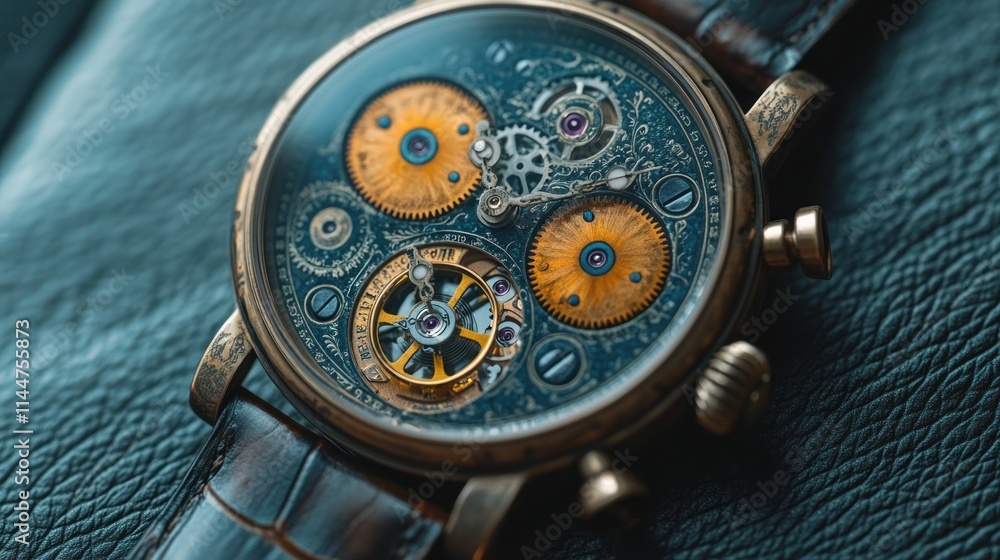 Poster close-up of intricate antique mechanical watch with visible gears and components.