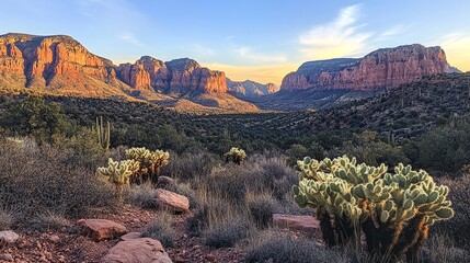 Arizona desert landscape featuring large mountains and cacti.