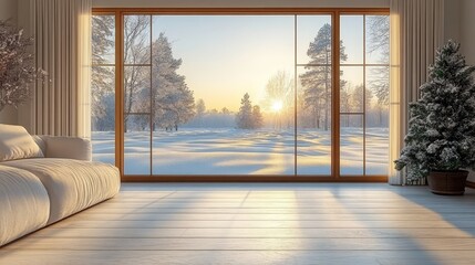 Cozy winter sunrise view from a warm living room