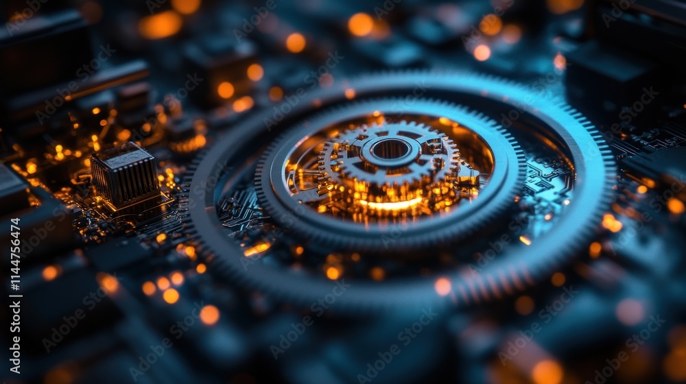 Poster close-up of intricate gears on circuit board.