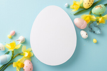 A blank egg-shaped cutout with spring daffodils and colored Easter eggs on a teal background