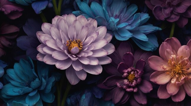 Primer plano de grandes flores de color violeta y azul vibrantes en plena floraci&oacute;n