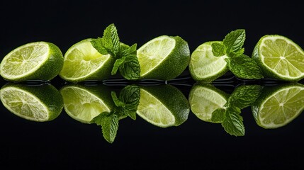 Slices of lime and mint leaves on a reflective surface, emphasizing refreshing and zesty flavors