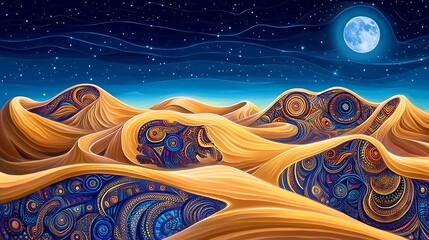Psychedelic desert landscape at night, adorned with vibrant patterns under a full moon.