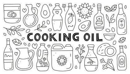 Set of doodle outline cooking oil in glass and plastic packages isolated on white background. Sunflower, rapeseed, coconut, avocado oil bottles. Healthy nutrition concept. Vegetable fats.