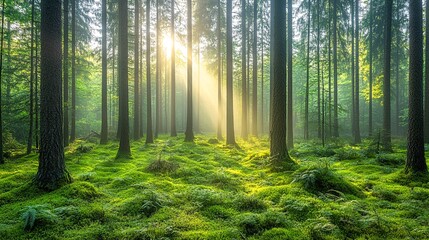 Obraz premium the sun shines through the trees in a lush green forest.