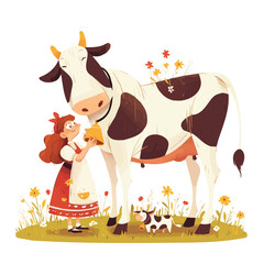 Depicting a woman next to a cow milking a cow