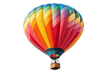 Fototapeta premium A large, multicolored hot air balloon with diagonal stripes, its intricate patterns beautifully displayed as it ascends skyward, isolated on a transparent background