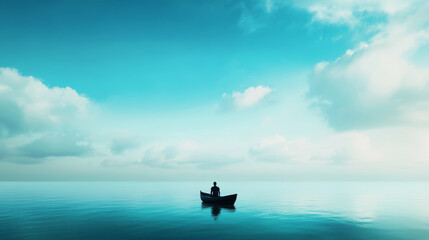 Calm waters and serene skies over a lone boat with a person floating peacefully in the ocean during daytime