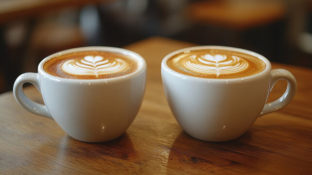 Cozy coffee scene featuring two cups of coffee with latte art on wooden table, inviting warmth and comfort for coffee lovers