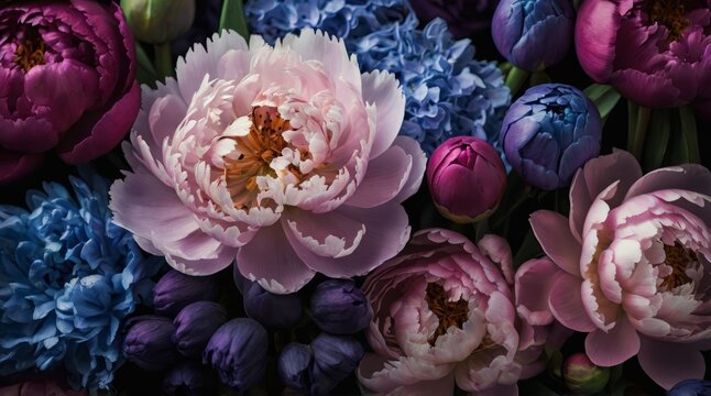 Primer plano de grandes flores de color violeta y azul vibrantes en plena floraci&oacute;n