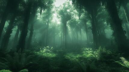 Obraz premium The sun's rays pierce through the dense foliage of a lush green forest.