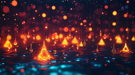 Abstract glowing energy drops falling onto a dark blue reflective surface.