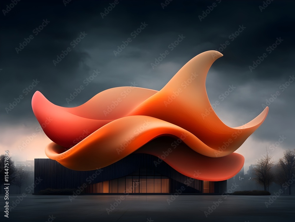 Poster mesmerizing sonic frequencies pulsing and flowing through a futuristic modernist cityscape at twilig