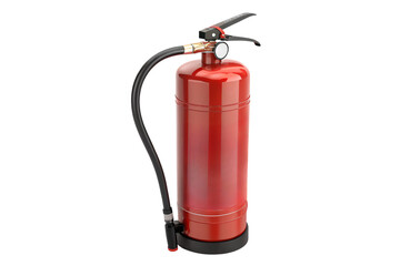 A red fire extinguisher with a sturdy black base, flexible hose, and detailed pressure gauge, showcasing reliable protection against fires, isolated on a transparent background