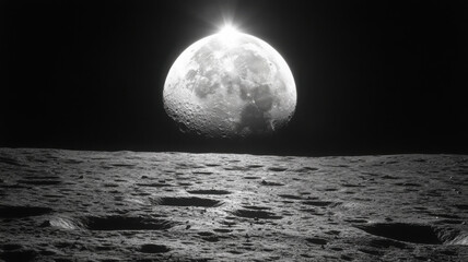stunning view of moon surface with craters and valleys, illuminated by sun rising over horizon. rugged texture creates dramatic and otherworldly atmosphere