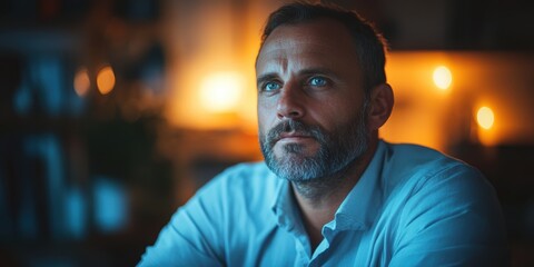 Fototapeta premium Portrait of Thoughtful Middle-Aged Man in Dimly Lit Room with Soft Ambient Light Creating a Reflective and Contemplative Atmosphere